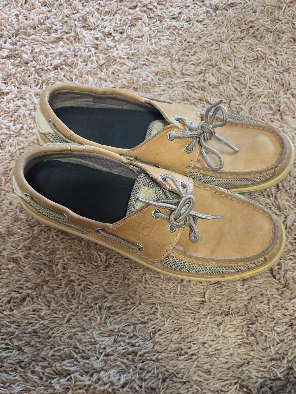 Sperry Men's Tan Leather Boat Shoes with Gray Mesh Trim